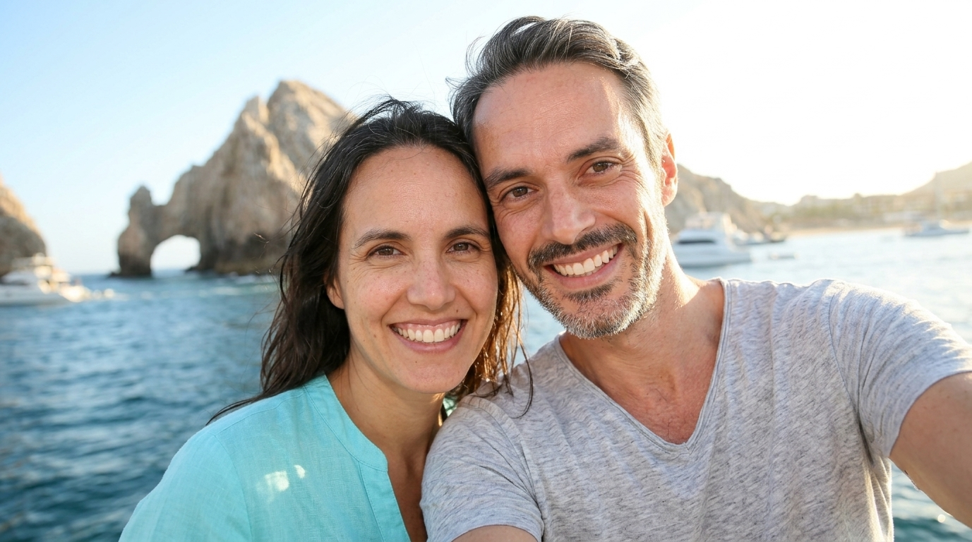 Couple enjoying his vacations at Los Cabos after dental emergency